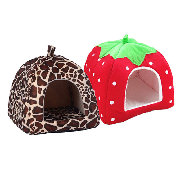 Soft Pet Cat House Leopard Strawberry Dog Bed Cute Animal Nest Foldable Puppy Dog Kennel Cat Bed High Quality